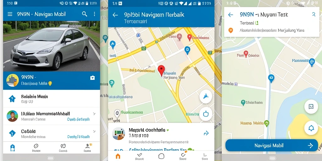 Antarmuka aplikasi 9N9N yang menampilkan fitur navigasi mobil.